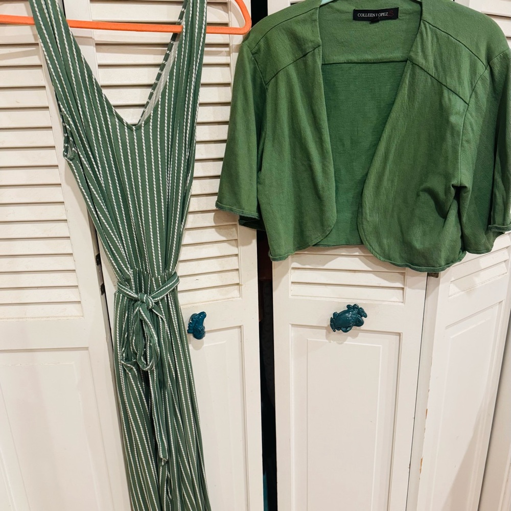 Colleen Lopez Green Striped Jumpsuit with Cardigan, sz Medium